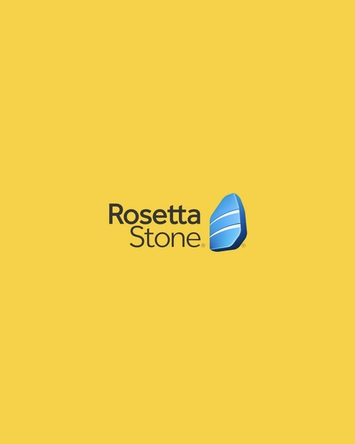 yellow background with rosetta stone logo.